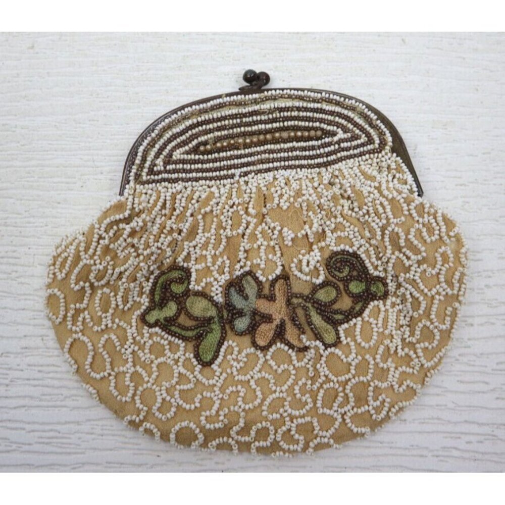 Vintage Beige & White Fully Beaded Clutch Handbag Coinpurse